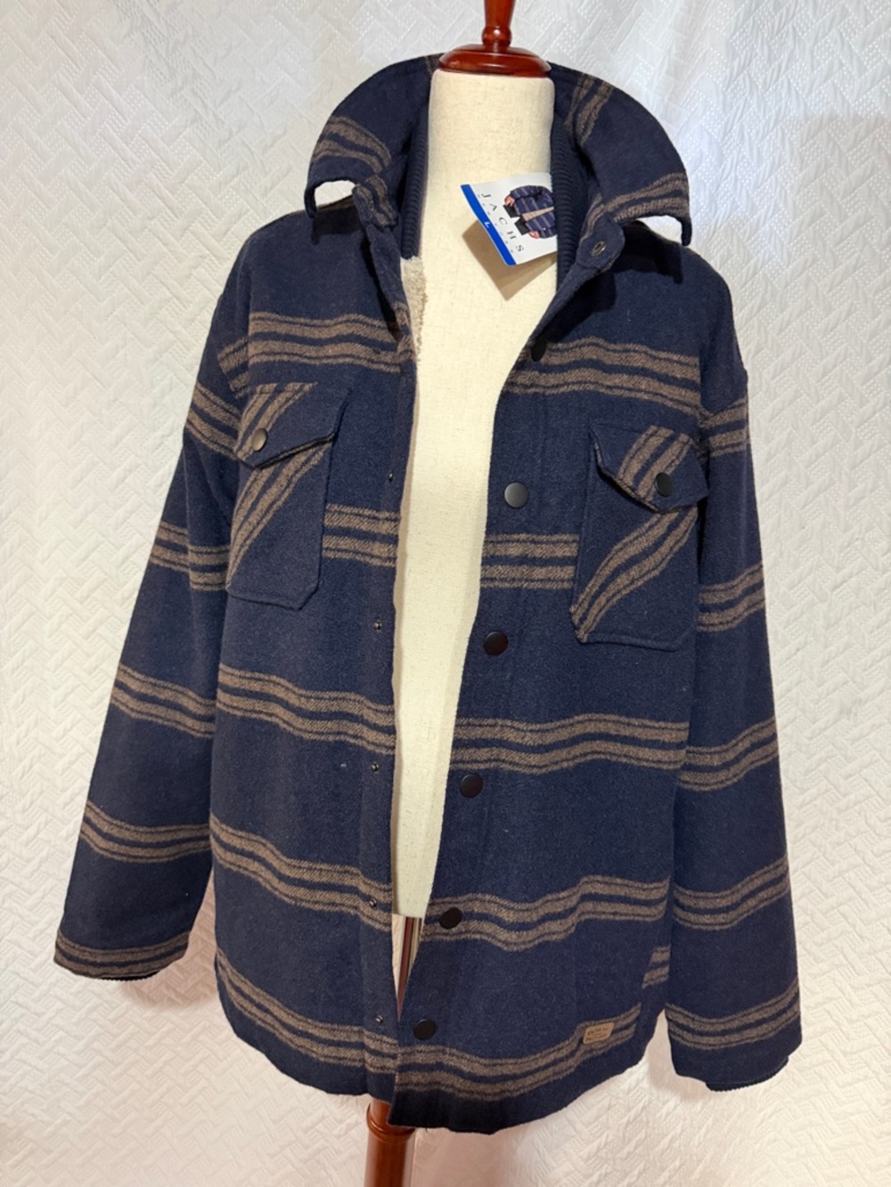 Striped Navy & Tan Sherpa Lined Jacket - Casual Layering